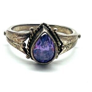 Sterling Silver Purple Stone Ring Marked 925 Pear Shape Classic February